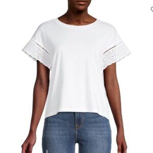 Industry White 100% Cotton Eyelet Extended Shoulder Crewneck T-Shirt - Medium